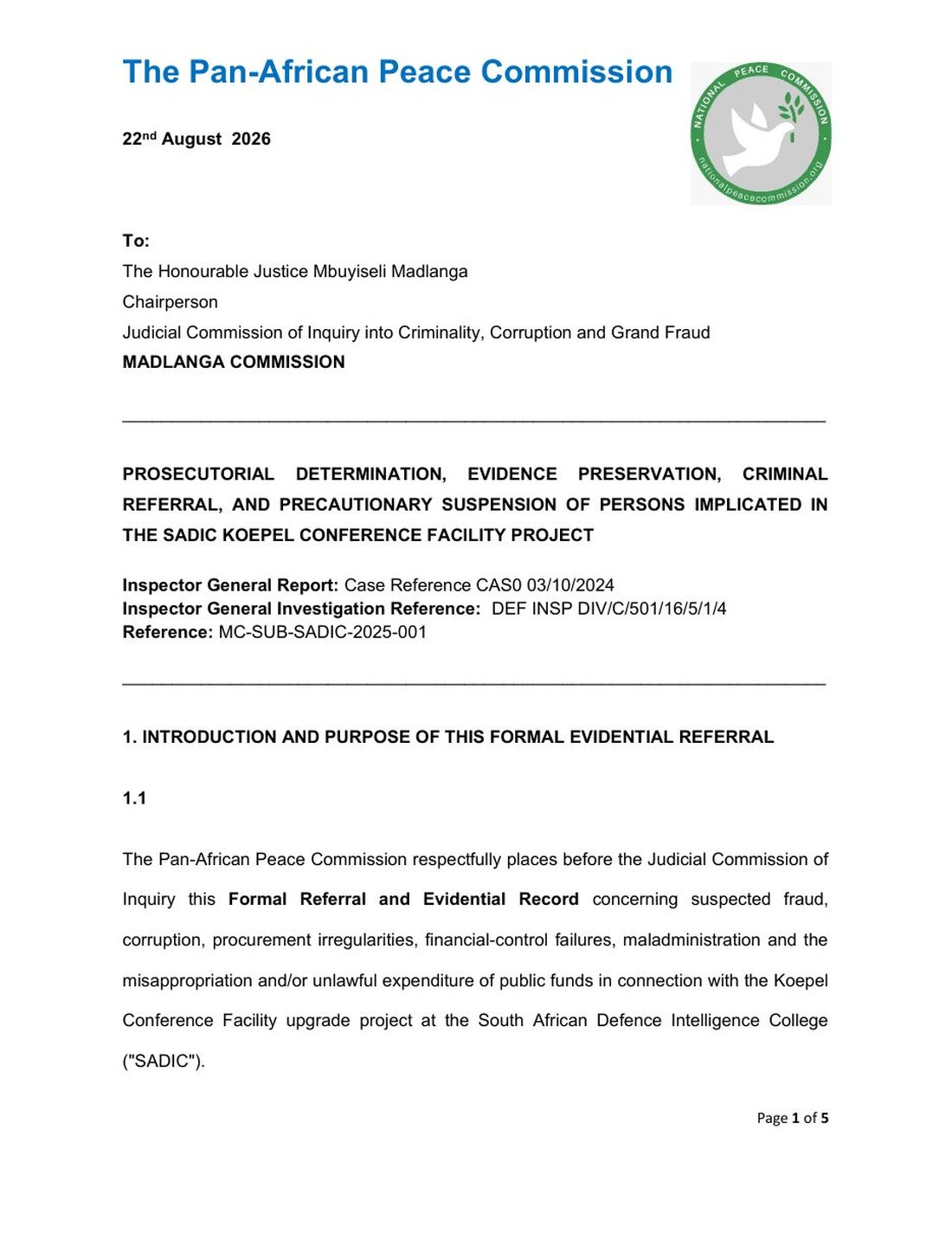 Page 1 of Formal referral to the Madlanga Commission