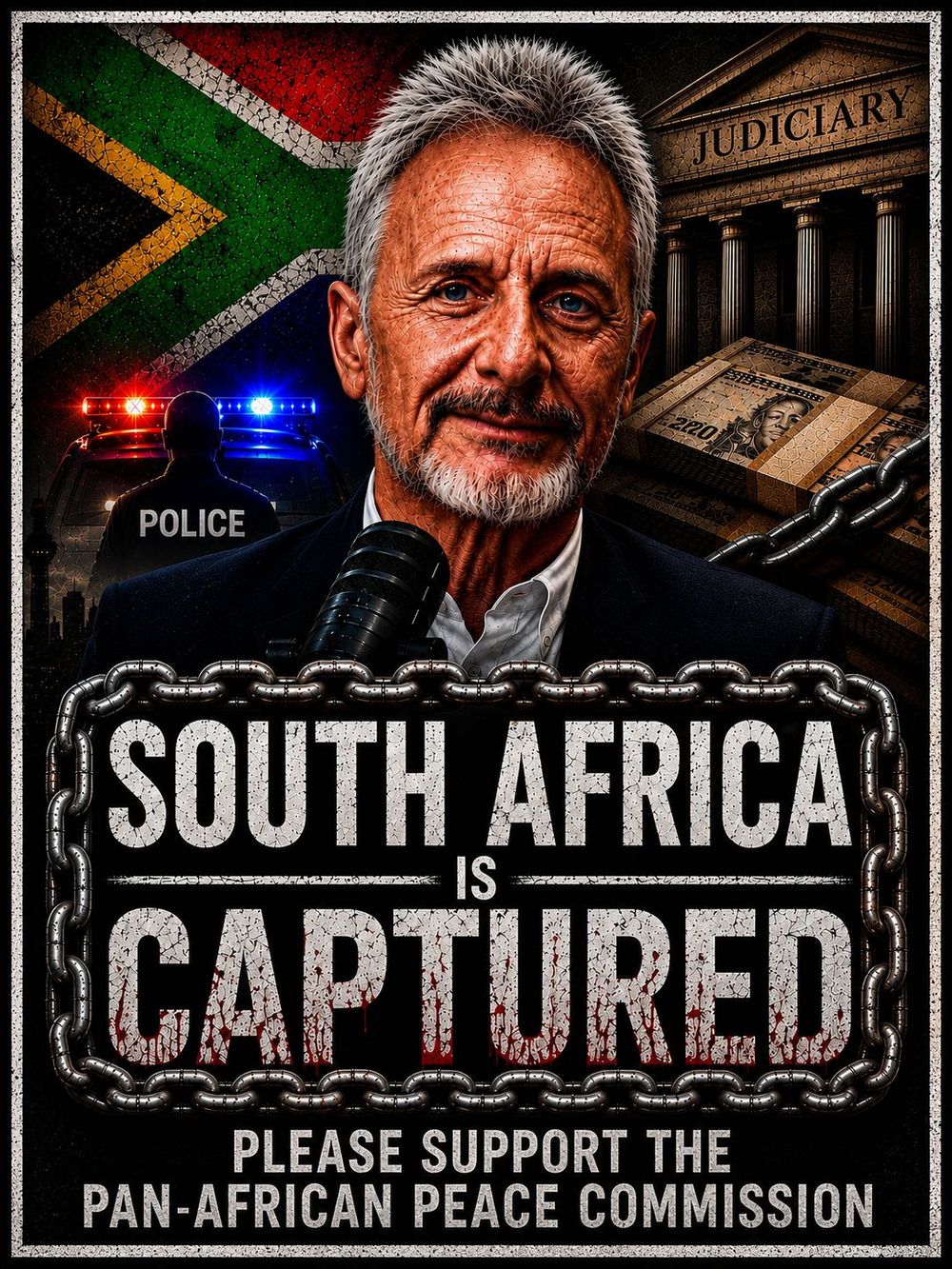 Pan-African Peace Commission campaign poster reading South Africa is Captured &mdash; please support the Pan-African Peace Commission